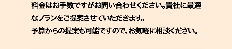 料金はお手数ですがお問い合わせください。 貴社に最適
なプランをご提案させていただきます。
予算からの提案も可能ですので、お気軽に相談ください。